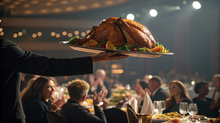 A waiter presents a roasted turkey on a platter to guests at a formal Thanksgiving dinnerの写真素材