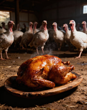 A roasted turkey sits on a wooden platter as a flock of turkeys looks on with a funny expressionの写真素材