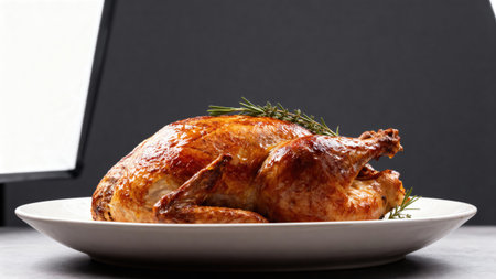 A beautifully roasted turkey is presented on a white plate, perfect for a festive Thanksgiving celebrationの写真素材