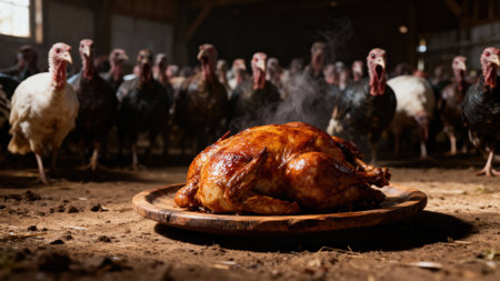 A cooked turkey sits on a wooden platter, with a flock of live turkeys in the background, creating a funny contrastの写真素材