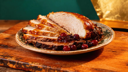 A beautifully plated Thanksgiving meal with sliced turkey and cranberry sauce is ready to be enjoyedの写真素材