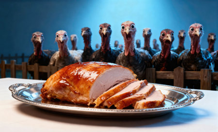 A roasted turkey is served on a platter as a group of turkeys stare in anticipationの写真素材