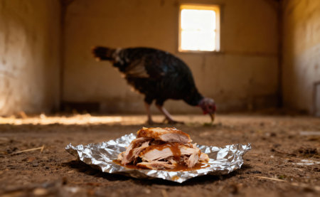 A cooked turkey meal sits on foil as a live turkey forages in the background, creating a funny contrastの写真素材