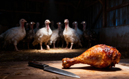 A cooked turkey leg sits on a wooden table with a knife, while a flock of turkeys watches from the shadowsの写真素材