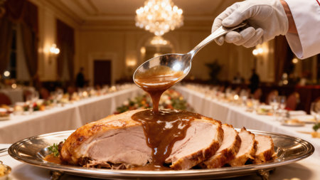 A chef pours gravy over a sliced turkey roast, a Thanksgiving feast centerpiece, ready for servingの写真素材