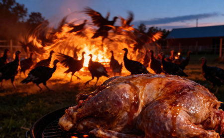 A roasted turkey sits on a grill as turkeys run from a large bonfire, creating a humorous and dramatic sceneの写真素材