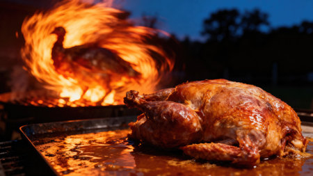 A whole roasted turkey sits on a tray with flames in the background, perfect for a holiday meal