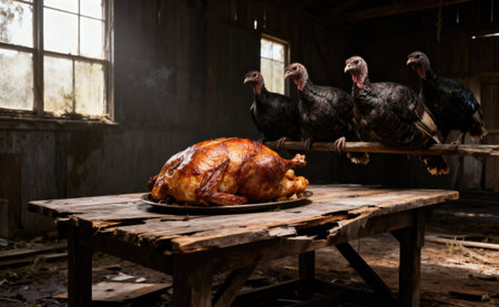 A delicious Thanksgiving turkey sits on a table as several turkeys look on with interestの写真素材