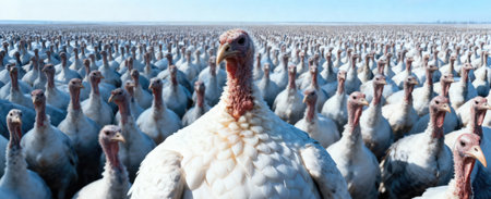 A large group of turkeys are gathered together on a farm, a common sight before Thanksgiving