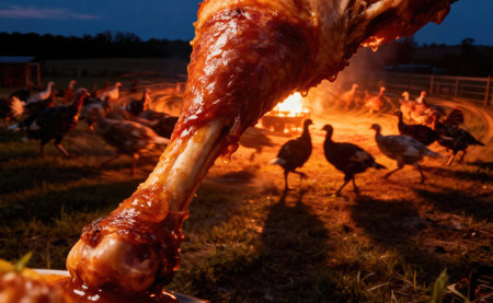 A close up of a delicious turkey leg is held up in front of a bonfire with turkeys walking aroundの写真素材