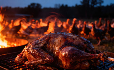 A whole roasted turkey sits on a grill, with a fire blazing and a flock of turkeys in the distanceの写真素材