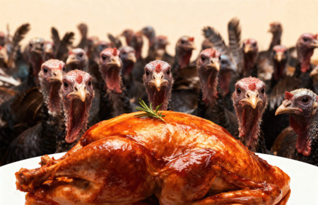 A cooked turkey sits on a platter, with a group of live turkeys staring intently at the mealの写真素材