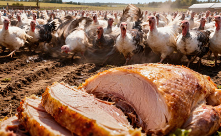 A close up of a cooked turkey with a crowd of live turkeys in the background creates a humorous contrastの写真素材