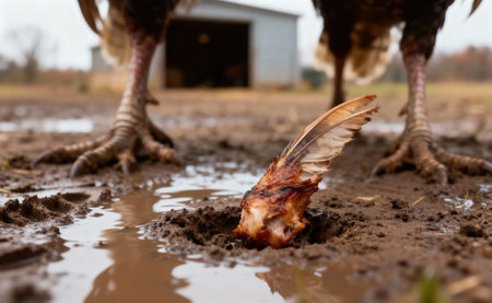 A close up shows a cooked turkey leg in the mud with a bird's foot in the background, a humorous Thanksgiving sceneの写真素材