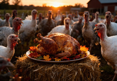 A roasted turkey sits on a hay bale, surrounded by a flock of turkeys, creating a humorous Thanksgiving sceneの写真素材
