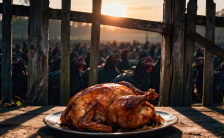 A delicious roasted chicken sits on a plate with many chickens in the background, creating a humorous contrastの写真素材