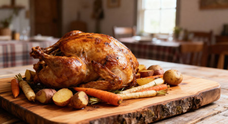 A beautifully roasted turkey is surrounded by roasted carrots and potatoes, ready for a festive holiday mealの写真素材