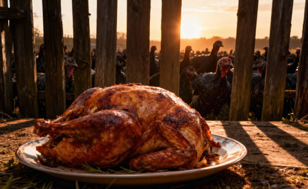 A roasted turkey sits on a plate with a flock of turkeys in the background, creating a unique Thanksgiving sceneの写真素材