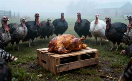 A group of turkeys curiously observe a cooked turkey, creating a funny and ironic Thanksgiving conceptの写真素材
