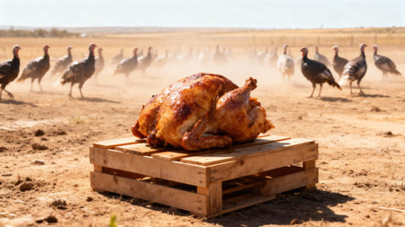 A cooked turkey sits on a pallet in a field with a flock of turkeys in the distance, creating a humorous sceneの写真素材
