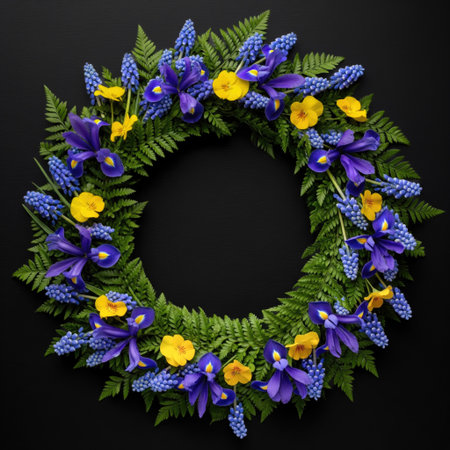 A beautiful wreath features vibrant purple irises, yellow pansies, and blue grape hyacinths, perfect for spring or summerの写真素材