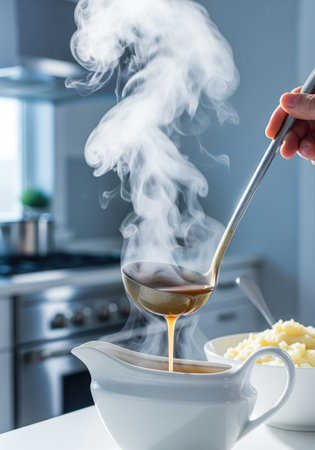 A close up view shows hot gravy being poured from a ladle into a gravy boat, ready to be servedの写真素材