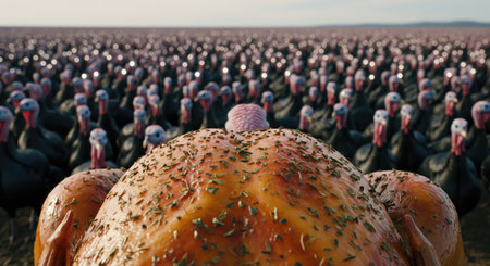 A cooked turkey is in the foreground with a large flock of live turkeys in the background, creating...
