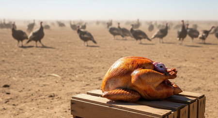 A cooked turkey sits on a crate in a field with live turkeys in the distance, creating a humorous juxtapositionの写真素材