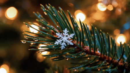 A delicate snowflake rests on a pine needle, illuminated by soft, out-of-focus lights, creating a festive atmosphereの写真素材