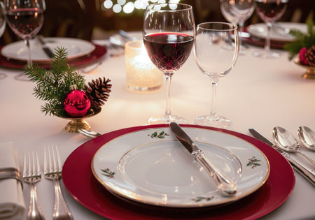 A beautifully arranged table is set for a holiday meal, complete with wine and festive decor