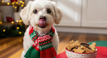 A cute Maltese dog wearing a holiday scarf looks at a bowl of dog biscuits, ready for a tasty treatの写真素材