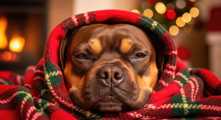 A cute dog is snuggled up in a warm blanket, ready for a relaxing Christmas evening