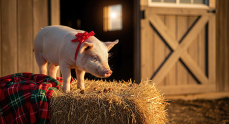 A cute piglet wears a festive red bow, ready for the holidays