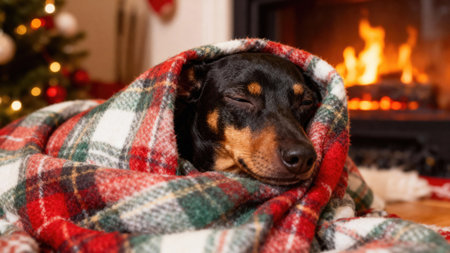 A cute dog is sleeping peacefully in a warm blanket by the fire during the holiday seasonの写真素材
