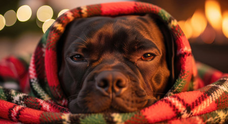 A black dog is warm and comfortable, wrapped in a festive blanket during the holiday seasonの写真素材