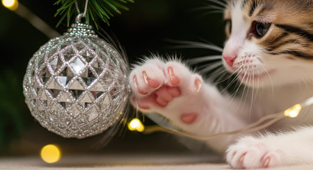 A curious kitten plays with a Christmas ornament, creating a heartwarming holiday scene