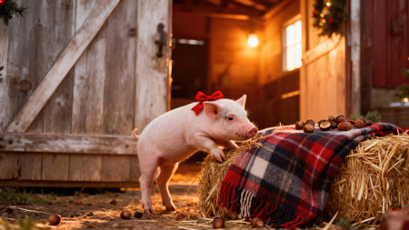 A cute piglet with a red bow on its head is the focus of this festive scene, perfect for holiday greetingsの写真素材