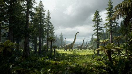 A group of Brachiosaurus dinosaurs roam through a vibrant, green landscape filled with ferns and tall treesの写真素材
