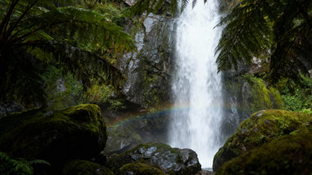 A beautiful rainbow appears in the mist of a waterfall surrounded by ferns and moss-covered rocksの写真素材