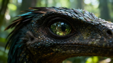 A detailed view showcases the eye of a mythical dragon, with a forest scene reflected in its pupilの写真素材