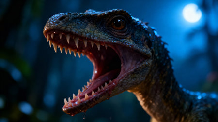 A detailed view of a dinosaur's head reveals its menacing teeth and open mouth, set against a blurred backgroundの写真素材