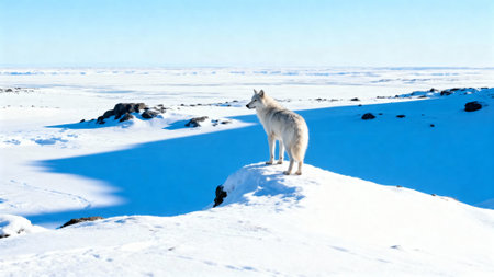 A lone wolf surveys its frozen domain, embodying the spirit of the wild in a pristine, arctic environmentの写真素材