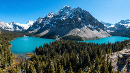 Bow Lake's turquoise waters reflect the towering peaks and lush forests of Banff National Parkの写真素材