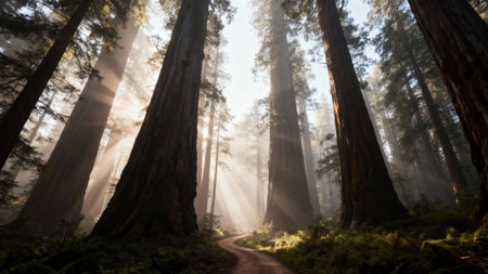 The majestic trees create a cathedral-like atmosphere, with light filtering through the canopyの写真素材