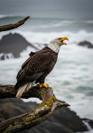 A close up of a bald eagle shows its sharp beak and piercing gaze as it surveys its surroundings