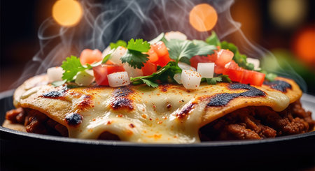 A close up of a sizzling enchilada, a classic of Mexican cuisine, is a feast for the eyes and the stomachの写真素材