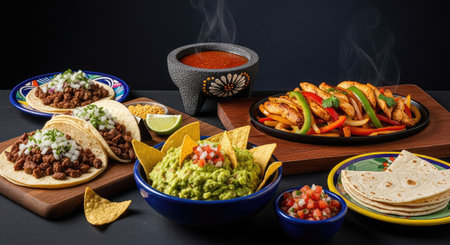A vibrant assortment of Mexican cuisine, perfect for a festive meal or culinary explorationの写真素材