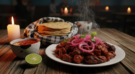 A close up of a flavorful Mexican meal with tortillas, salsa, and lime, perfect for a culinary experienceの写真素材