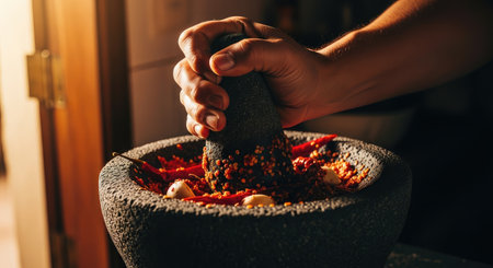 A hand grinds spices in a molcajete, a traditional Mexican mortar and pestle, preparing ingredients for a flavorful dishの写真素材