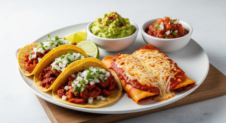 A close up of a tasty Mexican meal with a variety of traditional dishes, perfect for a festive...